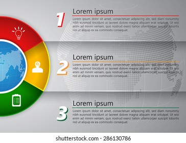 Diagram Semi-Circle With Multi-Color Background , 3 Options, Number,  Business Icon & Information Text Design On Globe Abstract Background, Vector Illustration