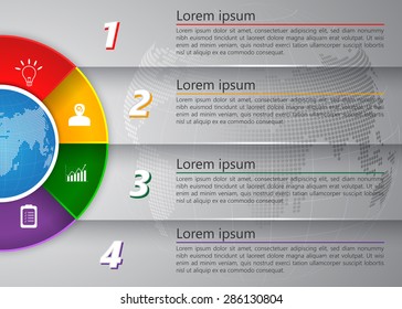 Diagram Semi-Circle With Multi-Color Background , 4 Options, Number,  Business Icon & Information Text Design On Globe Abstract Background, Vector Illustration