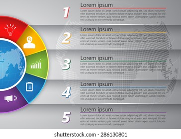 Diagram Semi-Circle With Multi-Color Background , 5 Options, Number,  Business Icon & Information Text Design On Globe Abstract Background, Vector Illustration