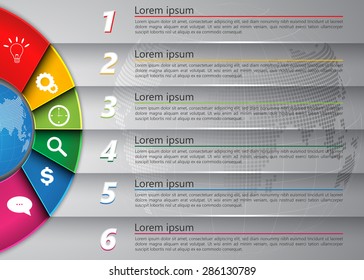 Diagram Semi-Circle With Multi-Color Background , 6 Options, Number,  Business Icon & Information Text Design On Globe Abstract Background, Vector Illustration
