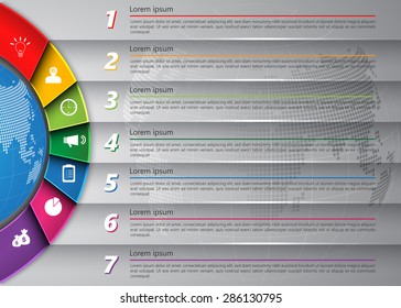 Diagram Semi-Circle With Multi-Color Background , 7 Options, Number,  Business Icon & Information Text Design On Globe Abstract Background, Vector Illustration