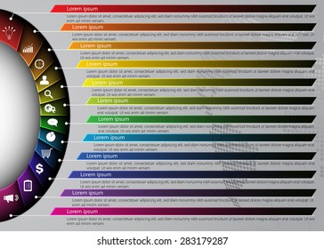 Diagram Semi-Circle on Globe Abstract Background, 12 Options,  Business Icon & Information Text Design On Metallic Multi-Color Background, Vector Illustration