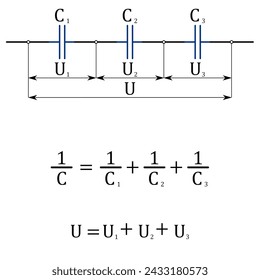 Diagram of series connection of three capacitors, expression of total capacity and voltage