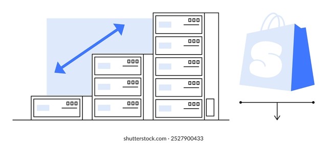 Un diagrama de racks de servidores que muestra una tendencia ascendente junto con una bolsa de compras de comercio electrónico. Ideal para empresas en línea, infraestructura tecnológica, comercio electrónico, computación en la nube y marketing digital. Sencillo