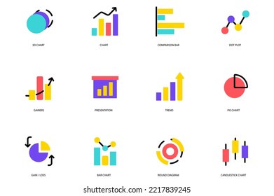 Diagramm Set von flachen Symbolen Konzept in der flachen Cartoon-Design. Bilder mit vielen Arten von Diagrammen und Schemas. Vektorgrafik.