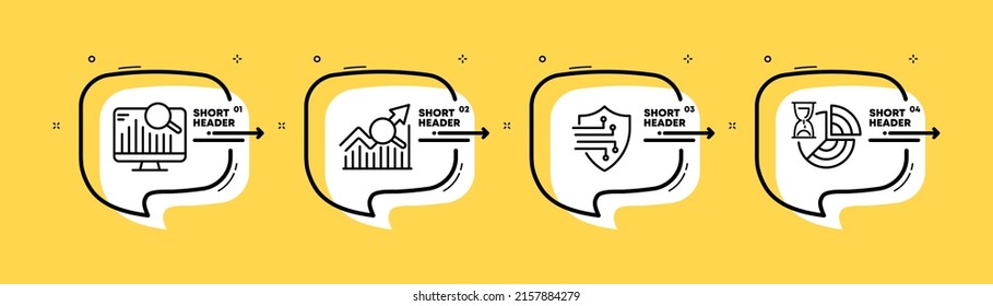 Bild-Set-Symbol. Balkendiagramm, Kuchendiagramm, Vergrößerungslenz, Wachstum, Fortschritt, geschützte Daten. Geschäftskonzept. Infografische Zeitleiste mit Symbolen und 4 Schritten. Vektorsymbol für Unternehmen und Werbung