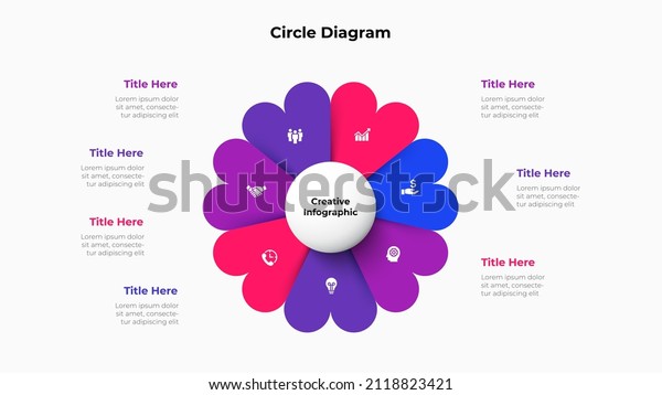 Diagram with seven parts in the\
form of a heart with a circle in the center. Slide for business\
presentation. Cycle infographic element divided into 7\
options.