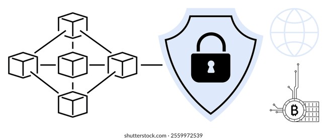 Diagram showcases blockchain with nodes connected, a security shield with a padlock, a globe, and Bitcoin symbol. Ideal for security, blockchain, cryptocurrency, decentralized networks, encryption