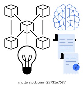 Diagram showing blockchain elements, a neural network-designed brain, a light bulb, and legal documents. Ideal for technology, innovation, AI, blockchain, and legal tech