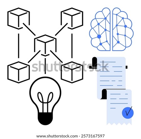 Diagram showing blockchain elements, a neural network-designed brain, a light bulb, and legal documents. Ideal for technology, innovation, AI, blockchain, and legal tech