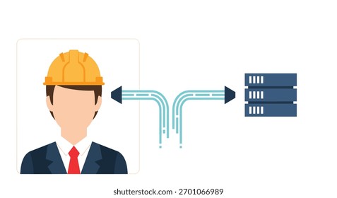 Diagram showing data flowing between an engineer or user and a server database, illustrating data transfer, access, and communication.