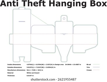 Diagram showing design template for an antitheft hanging box made of white cardboard. Includes dimensions inside, outside, manufacturing and crease trim lines. Ideal for retail packaging.