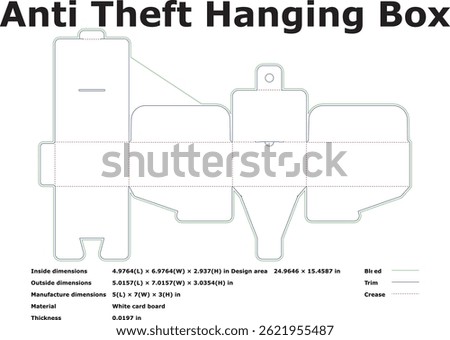 Diagram showing design template for an antitheft hanging box made of white cardboard. Includes dimensions inside, outside, manufacturing and crease trim lines. Ideal for retail packaging.