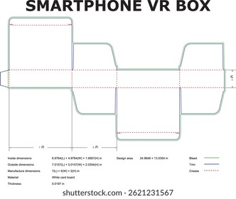 Diagram showing a foldable cardboard template for a smartphone VR headset. Includes dimensions, design area, and fold cut lines for easy DIY construction.