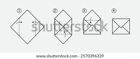 Diagram showing the process of folding an envelope using origami techniques. Features four steps starting with a square paper and finishing with a closed envelope. A clear instructional