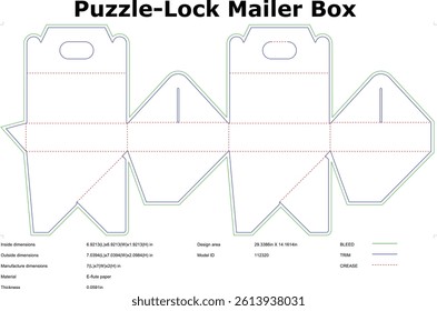 Diagram showing a puzzlelock mailer box template with dimensions, including bleed, trim, and crease lines. Ready for folding and assembly.