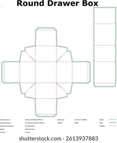 Diagram showing a round drawer boxs flatpack template. Includes a topdown view and side panel for easy assembly. Simple lines indicate folding and cutting.