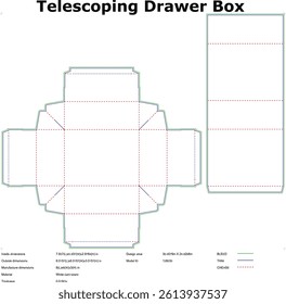 Diagram showing a telescoping drawer box design, including unfolded and folded views. Provides dimensions and folding instructions for packaging creation.