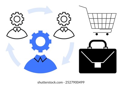 Diagramm, das drei menschliche Figuren mit Zahnrädern in einem kreisförmigen Arbeitsablauf zeigt. Enthält Symbole für den Warenkorb und die Aktentasche. Ideal für Unternehmen, HR-Prozesse, Teamzusammenarbeit, Handel und Management