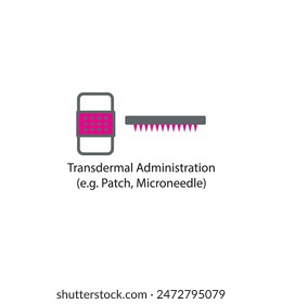 Diagram showing Transdermal Administration -Patch, Microneedle - drug delivery route scientific illustration.
