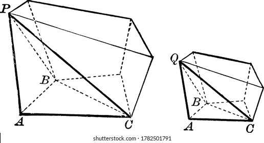 Diagram showing Two Similar Polyhedrons, Polyhedron is a solid figure with many plane faces, more than six., vintage line drawing or engraving illustration. 