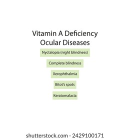 Diagram showing Vitamin A deficiency related ocular diseases - keratomalcia, xerophthalmia, night blindness, bitot's spots - simplified schematic diagram.