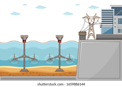 Diagram showing water power generating electricity used in city illustration
