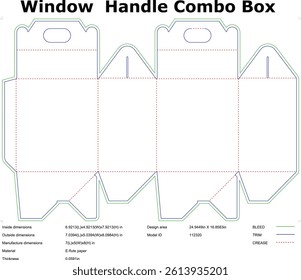 Diagram showing a window handle combo box packaging design, including dimensions, crease lines, and material specifications. Suitable for food or retail.