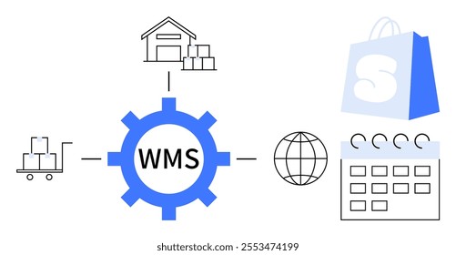 Diagram showing WMS at the center of warehouse, cart with boxes, globe, calendar, and shopping bag. Ideal for logistics, supply chain, e-commerce, inventory control, operations planning. Vector style