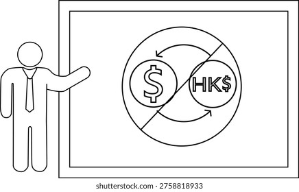A diagram shows currency exchange between USD HKD marked with a prohibition symbol presented by a person