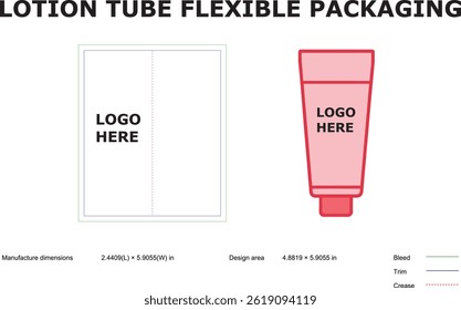 Diagram shows lotion tube packaging design template with dimensions manufacture and design area. Includes bleed, trim, and crease guidelines. Logo Here placeholder.