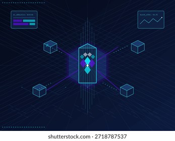 Um diagrama mostra vários blocos conectados a um nó central. Os dados estão sendo analisados e as representações gráficas das tendências são visíveis. Várias métricas são exibidas na tela.