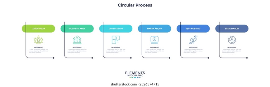 Diagram with six cards or rectangular frames placed in horizontal row. Business model with 6 stages of progressive development. Flat infographic design layout. Vector illustration for presentation.