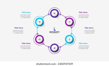 Diagram with six circles connected by thin lines. Template for cycle business presentation. Vector infographic design illustration with 6 options