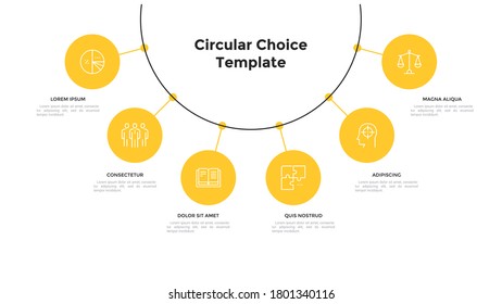 Diagram with six round elements connected to main circle. Concept of 6 business options or features to choose. Modern flat infographic design template. Minimal vector illustration for presentation.