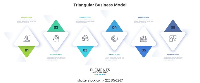 Diagram with six triangular elements or arrows placed in horizontal row. Concept of 6 features of business vision. Simple infographic design template. Flat vector illustration for presentation.