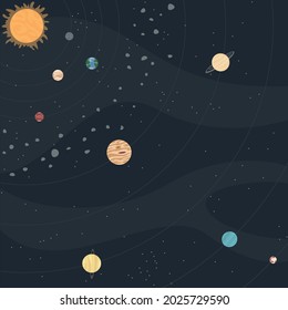 diagram of the solar system with sun, planets, asteroid belt in square frame
