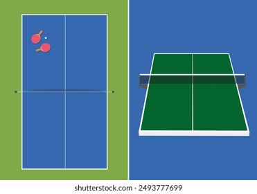 Diagram of a table tennis playing surface, seen from above and in perspective.