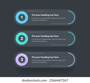 Diagram with three steps with numbers and a place for your text - dark version. Flat infographic design.