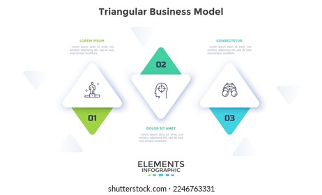 Diagram with three triangular elements or arrows placed in horizontal row. Concept of 3 features of business vision. Simple infographic design template. Flat vector illustration for presentation.