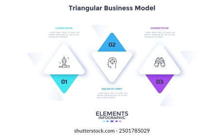 Diagram with three triangular elements or arrows placed in horizontal row. Concept of 3 features of business vision. Simple infographic design template. Flat vector illustration for presentation.