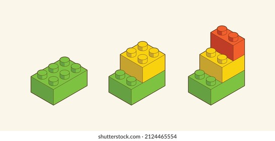 The diagram toy building block, bricks for children. Vector isometric illustration. Colored bricks isolated on white background.