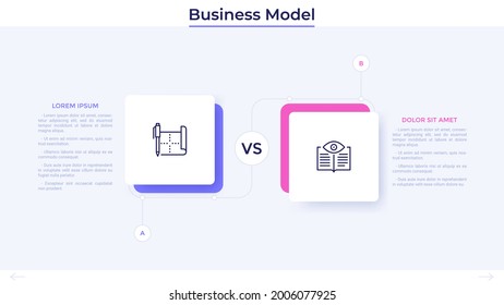 Diagram with two square elements. Concept of business model with 2 alternatives to compare and select. Minimal infographic design template. Flat vector illustration for information visualization.