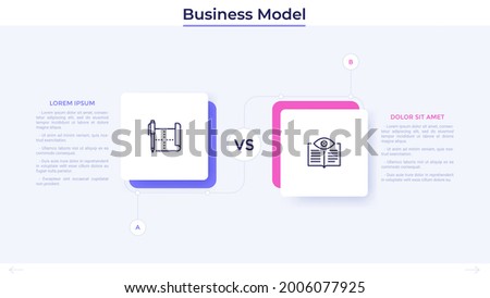 Diagram with two square elements. Concept of business model with 2 alternatives to compare and select. Minimal infographic design template. Flat vector illustration for information visualization.