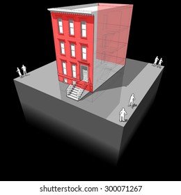 Diagram of a typical american townhouse with additional wall insulation - to improve energy efficiency of the building