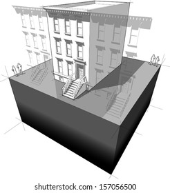 diagram of a typical american townhouse (aka Ã¢Â?Â?brownstoneÃ¢Â?Â?) with neighbor buildings  (another house diagram from the collection, all have the same point of view/angle/perspective, easy to combine) 