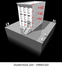 Diagram of a typical american townhouse (aka Ã¢Â?Â?brownstoneÃ¢Â?Â?) displaying some typical interior appliances  - showing the way how to improve energy consumption in the house.