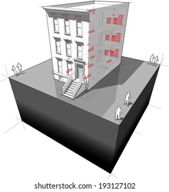 Diagram of a typical american townhouse displaying some typical interior appliances (lights, washing machine, refrigerator, oven) - showing the way how to improve energy consumption in the house.