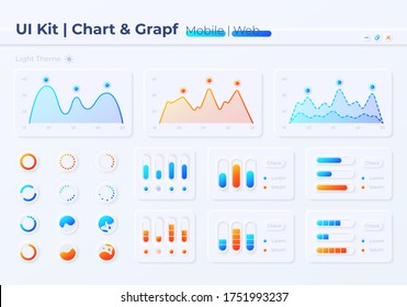 Kit de elementos de interfaz de usuario de diagrama. Gráfica para estadísticas. Análisis de datos icono vectorial aislado, barra y plantilla de tablero. Colección de widgets de diseño web para aplicaciones móviles con interfaz de tema claro