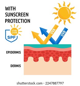 Diagram of UVA and UVB rays on human skin with the use of sunscreen protection